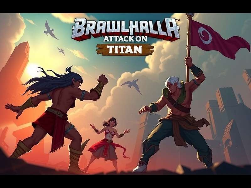 Brawlhalla Attack on Titan crossover artwork showing characters like Eren Yeager and Mikasa Ackerman battling in the Brawlhalla arena