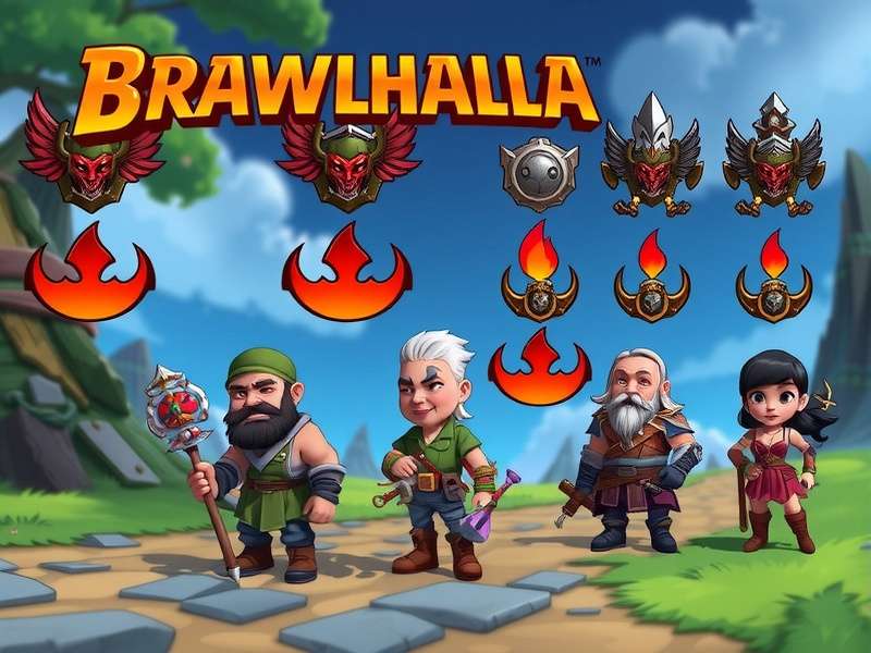 A vibrant collage of various Brawlhalla character skins in action