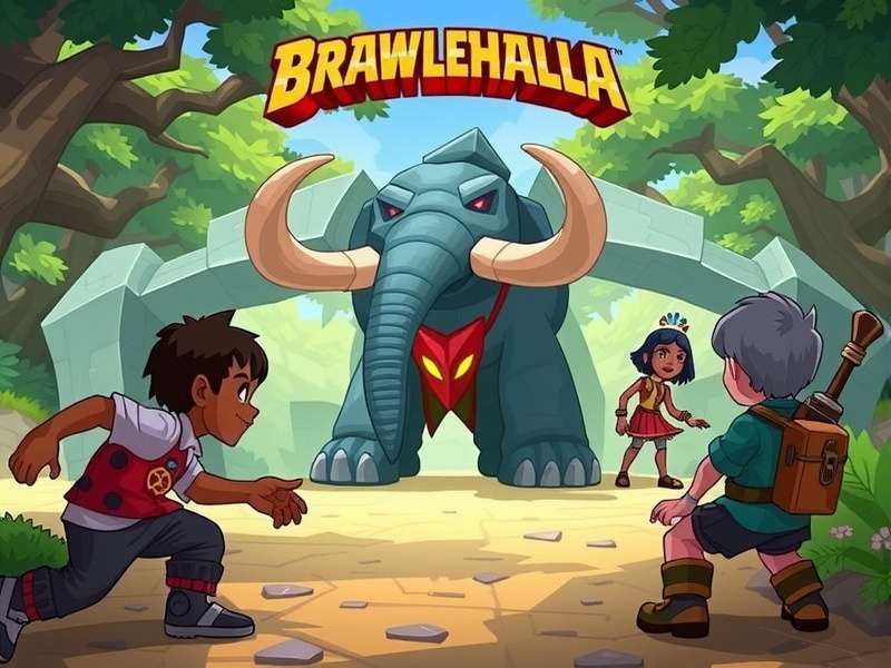Brawlhalla gameplay with Mammoth Coins interface showing premium skins and currency